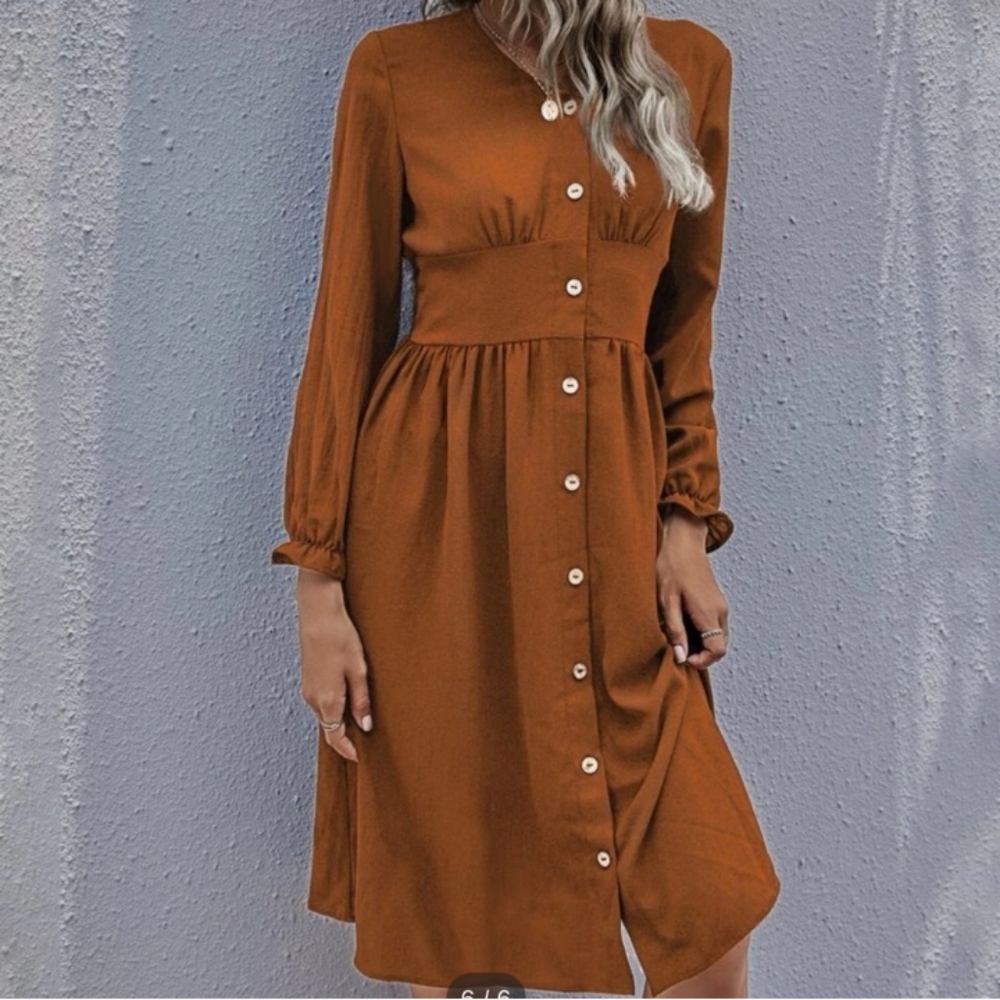 orange front button long sleeve dress